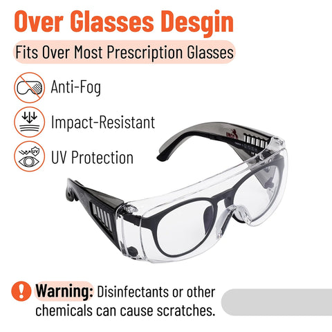 Front view of UNCO safety goggles designed to fit over glasses; clear lenses, black frame
