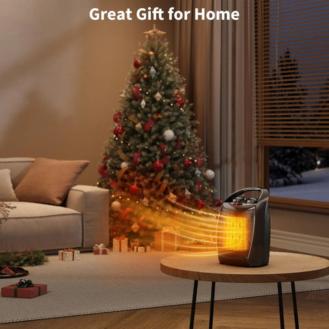 Compact Ceramic Desk Heater Space Saver With Thermostat 1500W 750W Dual Power Settings Fast Heating Quiet Under Desk Space Heater For Office And Indoor Use Safe Reliable And Low Noise in cozy living room with Christmas tree