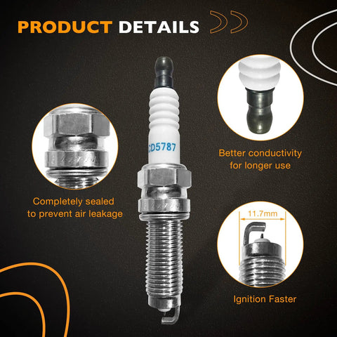 Dodge 3.6L V6 Ignition Coil Packs And Spark Plugs Set Of 6 details, showcasing spark plug design, conductivity features, and sealing benefits.