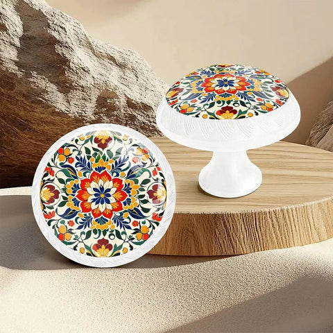 Six Pack Vintage Crystal And Ceramic Drawer Knobs Featuring Bold Red Yellow Mosaic Tile Designs On Simple White Mounts To Bring Fresh Bohemian Swag To Your Kitchen Drawers Or Bathroom Vanities on a wood surface.
