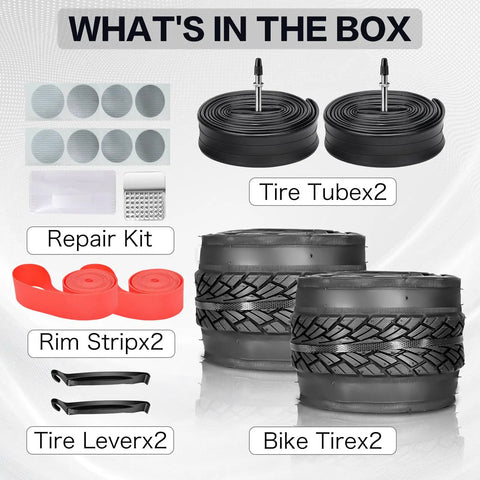 Two Pack 700x35C Foldable Road Bike Tires With Inner Tubes And Repair Kit, Presta Valve 48mm, Rim Strips, Tire Levers