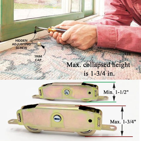 Zero Drama Sliding Patio Door Tandem Roller Assembly Hella Smooth Steel Build With Dope Bottom Roll Action And Quick Snap Mount 2 Pack Heavy Duty Part, shown with adjusting screw and trim cap.