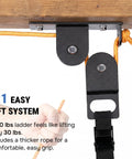 Ladder Hoist For Garage Ceiling Storage Beefy All Steel Pulley System Holds 150 Lbs 5.5 Inch Low Profile Self Locking Lift Parallel Or Perpendicular Mounting showing pulley with rope