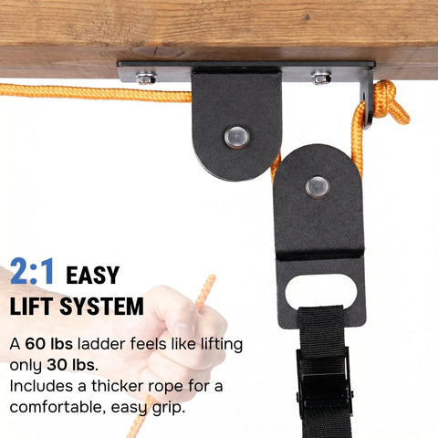 Ladder Hoist For Garage Ceiling Storage Beefy All Steel Pulley System Holds 150 Lbs 5.5 Inch Low Profile Self Locking Lift Parallel Or Perpendicular Mounting showing pulley with rope