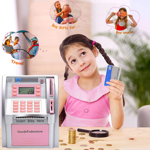 Girl using Dope ATM Piggy Bank For Real Money With Card Access And 4 Digit PIN Balance Checker With Voice Prompts Coin Recognition