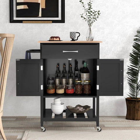 Real Deal Rubberwood Kitchen Island Cart On Wheels With Heavy Duty Casters And Wide Drawer Designed As A Versatile Coffee Bar Or Utility Stand That Brings Casual Vibes To Your Room Without Any Fuss In Classic Black