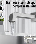 All In One Tub And Shower Faucet Set With Brushed Nickel Finish, stainless tub spout pouring water, easy wall installation.