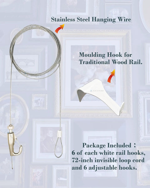 Picture Rail Hanging Kit With Six White Rail Hooks And A 72 Inch Invisible Cord For Easy Setup No Fuss Six Adjustable Hooks