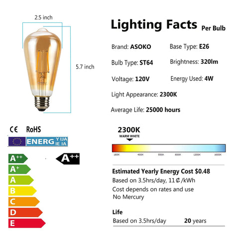 Lighting facts for 4-Pack Dimmable Vintage Edison Light Bulbs, Amber Glass ST64, E26 Base, 40W Equivalent, Warm White 2200K-2400K, 320 Lumens.