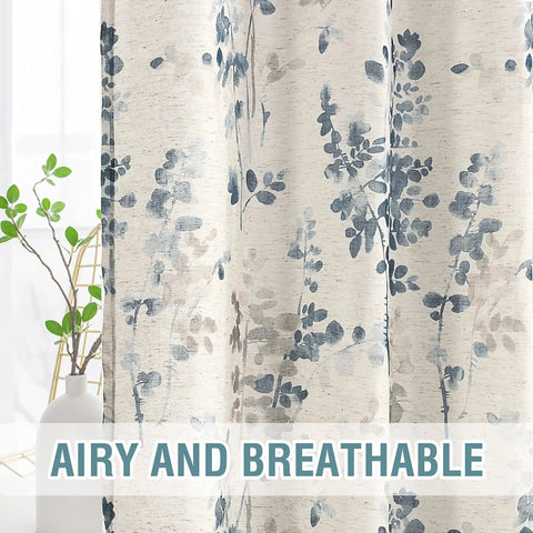 84 Inch Long Semi Sheer Linen Curtains With Vintage Floral Print, Two Panels Grommet Window Treatments in Bluestone and Taupe