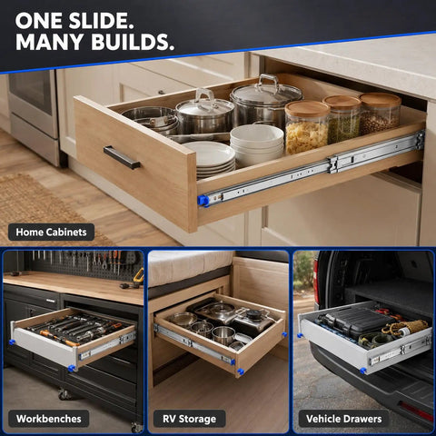 Beefy Full Extension Heavy Duty Drawer Slides With Ball Bearings, Quiet Smooth Glide, Side Mount Rails For Cabinets And Tool Chests, High Capacity Load, Rust Resistant Steel, Easy Install, 3 Fold Extension on a kitchen drawer