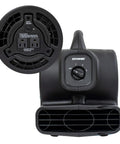 Black Mini Mighty Centrifugal Air Mover 138 Watt With 600 CFM, front view showing control dial and daisy chain outlets.