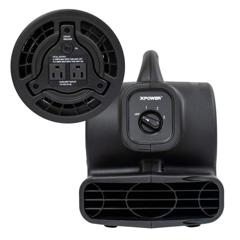 Black Mini Mighty Centrifugal Air Mover 138 Watt With 600 CFM, front view showing control dial and daisy chain outlets.