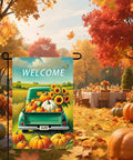 Fall Truck Garden Flag 12x18 Inch Green Pickup Packed With Pumpkins And Sunflowers Welcome Double Sided Autumn Harvest Yard Decor For Porch, Lawn And Farmhouse Vibe