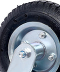 Close-up of Two Pack 8-Inch Pneumatic Caster Wheels With Swivel Plate For Smooth Indoor Outdoor Use, featuring steel hub and ball bearings.