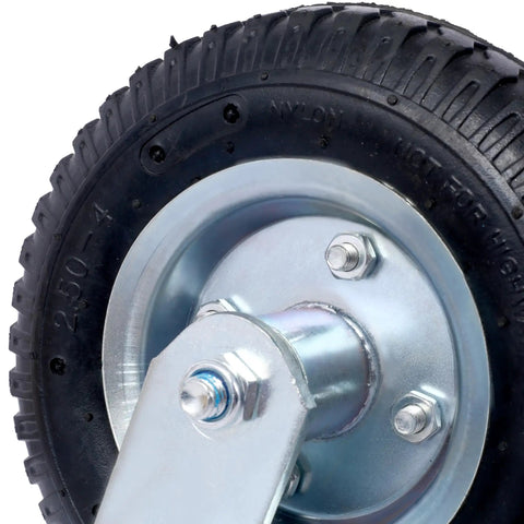 Close-up of Two Pack 8-Inch Pneumatic Caster Wheels With Swivel Plate For Smooth Indoor Outdoor Use, featuring steel hub and ball bearings.