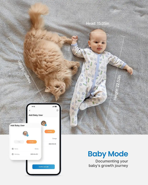 Baby lying on a bed next to a cat with a smartphone app displaying baby growth data, illustrating baby mode feature.