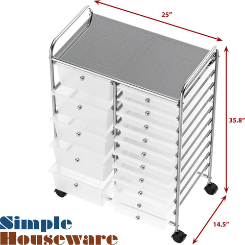 Rolling 15 Drawer Utility Cart For Tools Crafts And Office Beefy Heavy Duty Chrome Storage Organizer On Wheels With Locking Casters