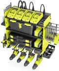 Power Tool Organizer Wall Mount With 5 Layer Shelf Heavy Duty Cordless Tool Rack showing tools, chargers, and storage compartments.