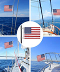 Boat Flag Kit 16 By 24 Inch United States Flag With 50 Embroidered Stars, marine grade, shown on different yachts in various angles.