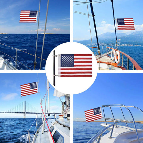 Boat Flag Kit 16 By 24 Inch United States Flag With 50 Embroidered Stars, marine grade, shown on different yachts in various angles.
