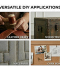 Legit Heavy Duty Antique Brass Upholstery Tacks 500 Piece Bulk Kit used in leather craft, wood trunk, wall panel, and cork board.