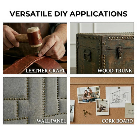 Legit Heavy Duty Antique Brass Upholstery Tacks 500 Piece Bulk Kit used in leather craft, wood trunk, wall panel, and cork board.