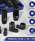 6 Piece O2 Oxygen Sensor Socket Set With 3/8 And 1/2 Inch Drive displayed with sockets and thread chasers.