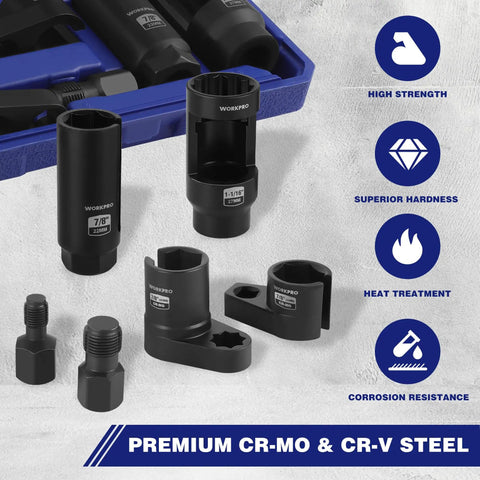 6 Piece O2 Oxygen Sensor Socket Set With 3/8 And 1/2 Inch Drive displayed with sockets and thread chasers.