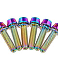 Pack of 6 rainbow titanium bike stem bolts with washers, M5x18mm size, showcasing their colorful finish and durable 6AL-4V titanium material.
