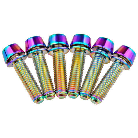 Pack of 6 rainbow titanium bike stem bolts with washers, M5x18mm size, showcasing their colorful finish and durable 6AL-4V titanium material.