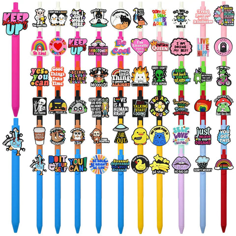 60 Piece Funny Pens Set For Adults With Positive Quotes And Quirky Graphics Like Cute Animals, Rainbows, Aliens, And Retro Designs.