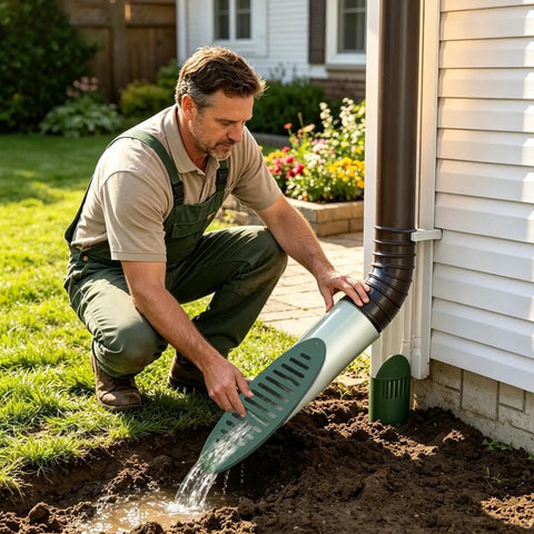 Man installing Angled Drainage Grate Yard Drain No Fuss Outdoor Drainage Tool With Built-In Grille Cover 4 Inch Drain Emitter Grate