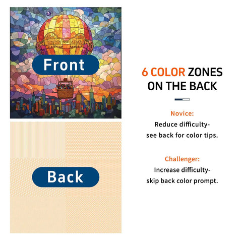 Stained Glass Hot Air Balloon 1000 Piece Jigsaw Puzzle front and back view with color zones for difficulty adjustment.