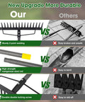 Comparison of Heavy Duty Bow Rake With 17 Tines 17 Inch Wide Garden Rake Adjustable Length 35 To 67 Inches Manganese Steel Handle and others, showing welding, rod material, locking features.