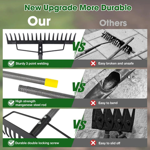 Comparison of Heavy Duty Bow Rake With 17 Tines 17 Inch Wide Garden Rake Adjustable Length 35 To 67 Inches Manganese Steel Handle and others, showing welding, rod material, locking features.