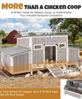 Wooden Chicken Coop For Backyard Poultry Flock With Three Weatherproof Asphalt Roofs Removable Tray Two Nesting Boxes Ramp Entry Ventilation Windows And Cozy Rabbit Hutch For Easy Outdoor Living shown in a scenic farm setting.