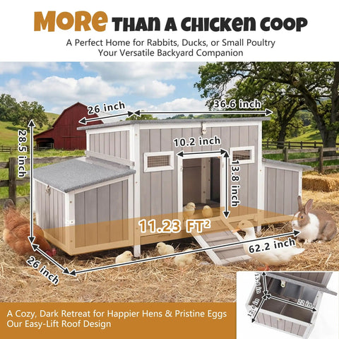 Wooden Chicken Coop For Backyard Poultry Flock With Three Weatherproof Asphalt Roofs Removable Tray Two Nesting Boxes Ramp Entry Ventilation Windows And Cozy Rabbit Hutch For Easy Outdoor Living shown in a scenic farm setting.