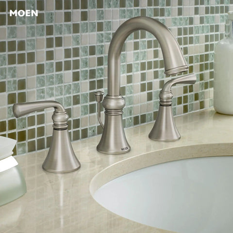 Spot Resist Brushed Nickel Widespread Two Handle Bathroom Faucet With Valve Included Three Hole Deck Mounted Setup Ceramic Disc Cartridges