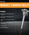 Rear Axle Shaft Replacement Kit for Wrangler JK 2007 to 2018 displayed with fitment information and V6 compatibility chart