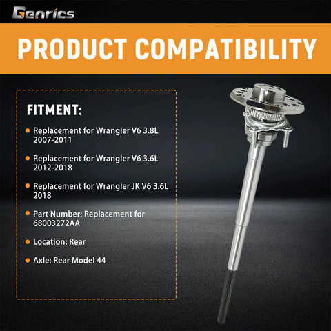 Rear Axle Shaft Replacement Kit for Wrangler JK 2007 to 2018 displayed with fitment information and V6 compatibility chart