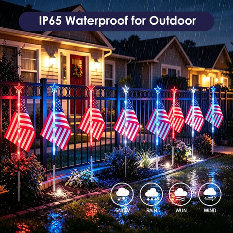 Outdoor Patriotic LED Flag Lights Kit, 9-Pack Solar American Flag Lights for Garden Pathway, waterproof illuminated at night