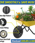 Yellow wheelbarrow with flowers, featuring a 14.5 Inch Wheelbarrow Tire And Wheel With 5/8 Inch Axle Bore, Flat Free Solid Tire.