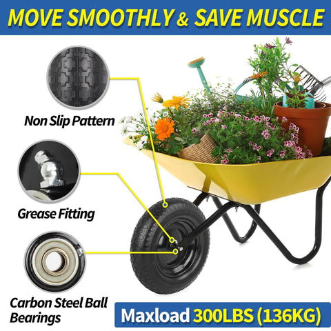 Yellow wheelbarrow with flowers, featuring a 14.5 Inch Wheelbarrow Tire And Wheel With 5/8 Inch Axle Bore, Flat Free Solid Tire.