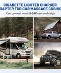 Cigarette lighter charger adapter for car massage cushion, compatible with 12-24V vehicles like RVs and trucks.