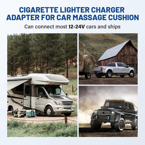 Cigarette lighter charger adapter for car massage cushion, compatible with 12-24V vehicles like RVs and trucks.