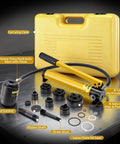 Hydraulic Knockout Punch Kit For Half Inch To Two Inch Conduit Holes, Eight Ton Manual Driver with six dies, tools, and case
