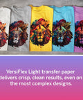 Four t-shirts with lion designs using VersiFlex Light Heat Transfer Paper for Uncoated Fabrics Wood and More Self Weeding