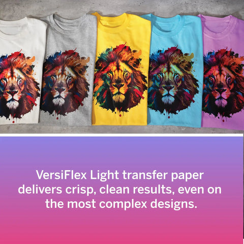 Four t-shirts with lion designs using VersiFlex Light Heat Transfer Paper for Uncoated Fabrics Wood and More Self Weeding