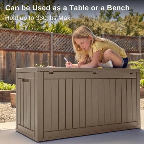 60 Gallon Deck Box Outdoor Storage Waterproof Resin Bin for patio cushions, used as bench by child, lockable UV resistant brown